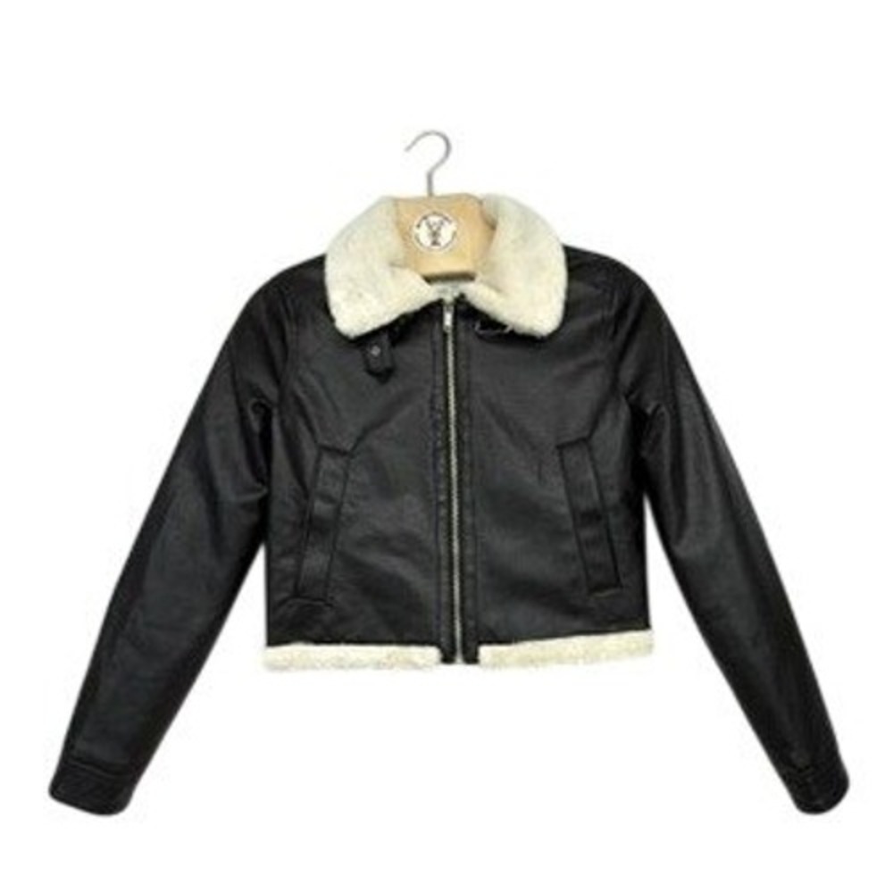 Hollister XS Black Faux Leather Aviator Bomber Jacket‎ Faux Fur Collar